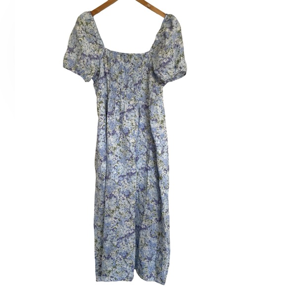 & Other Stories Linen Floral Blue Midi Dress Puff Sleeve 10 - Picture 7 of 8